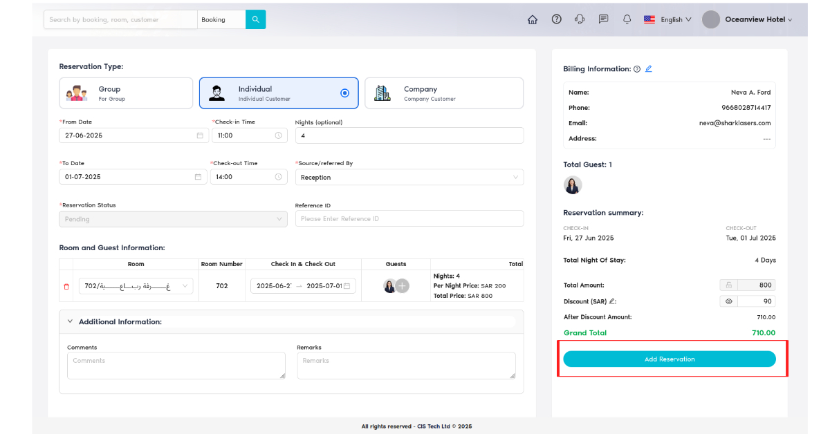Add Reservation Button