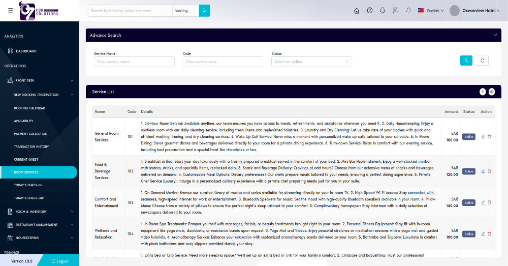 Room Services Interface