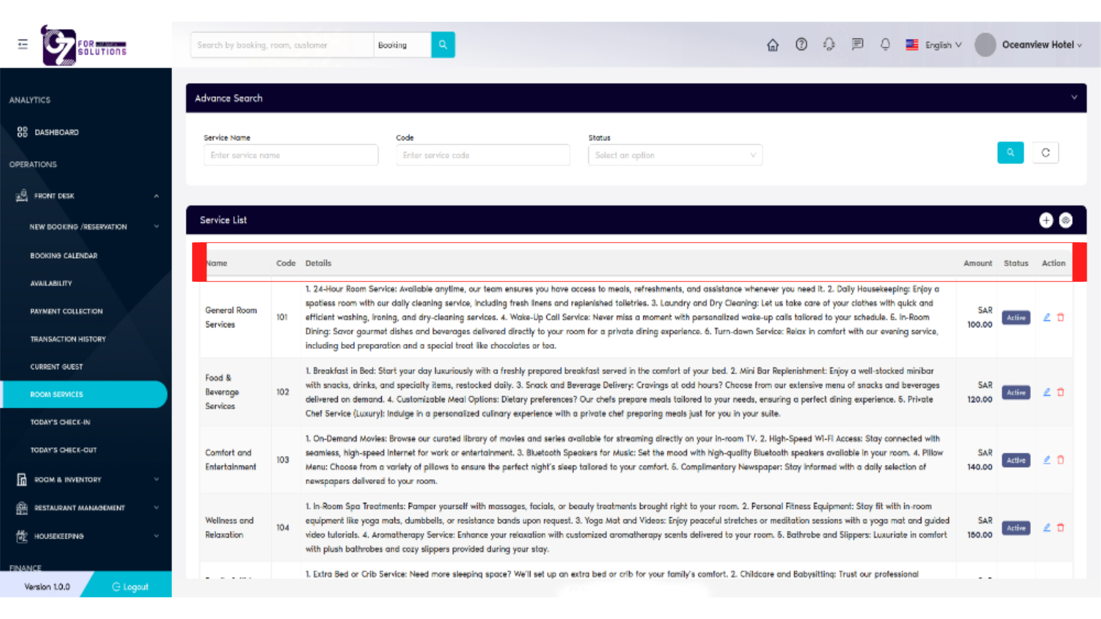 Service List Columns